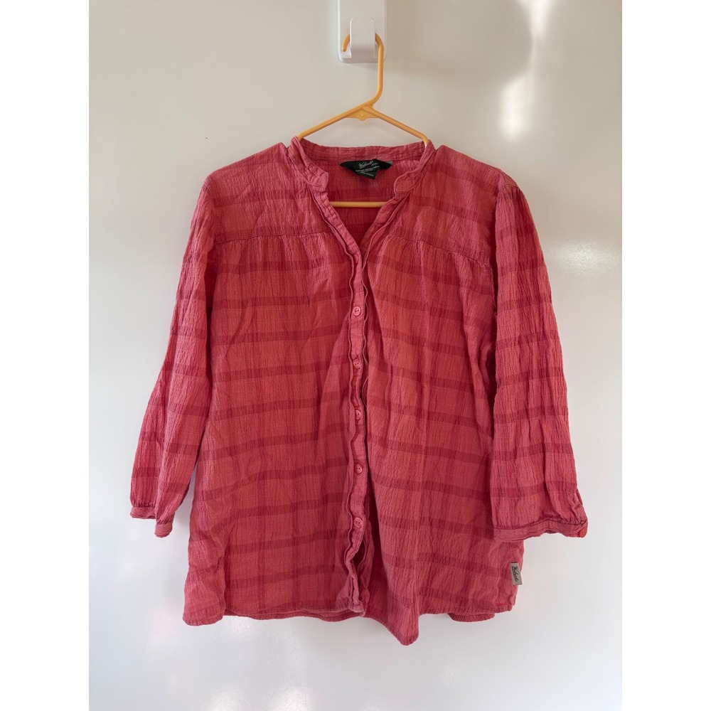 Woolrich Womens XL Coral Pink Plaid Button Front Blouse 3/4 Sleeve 2423 CSO